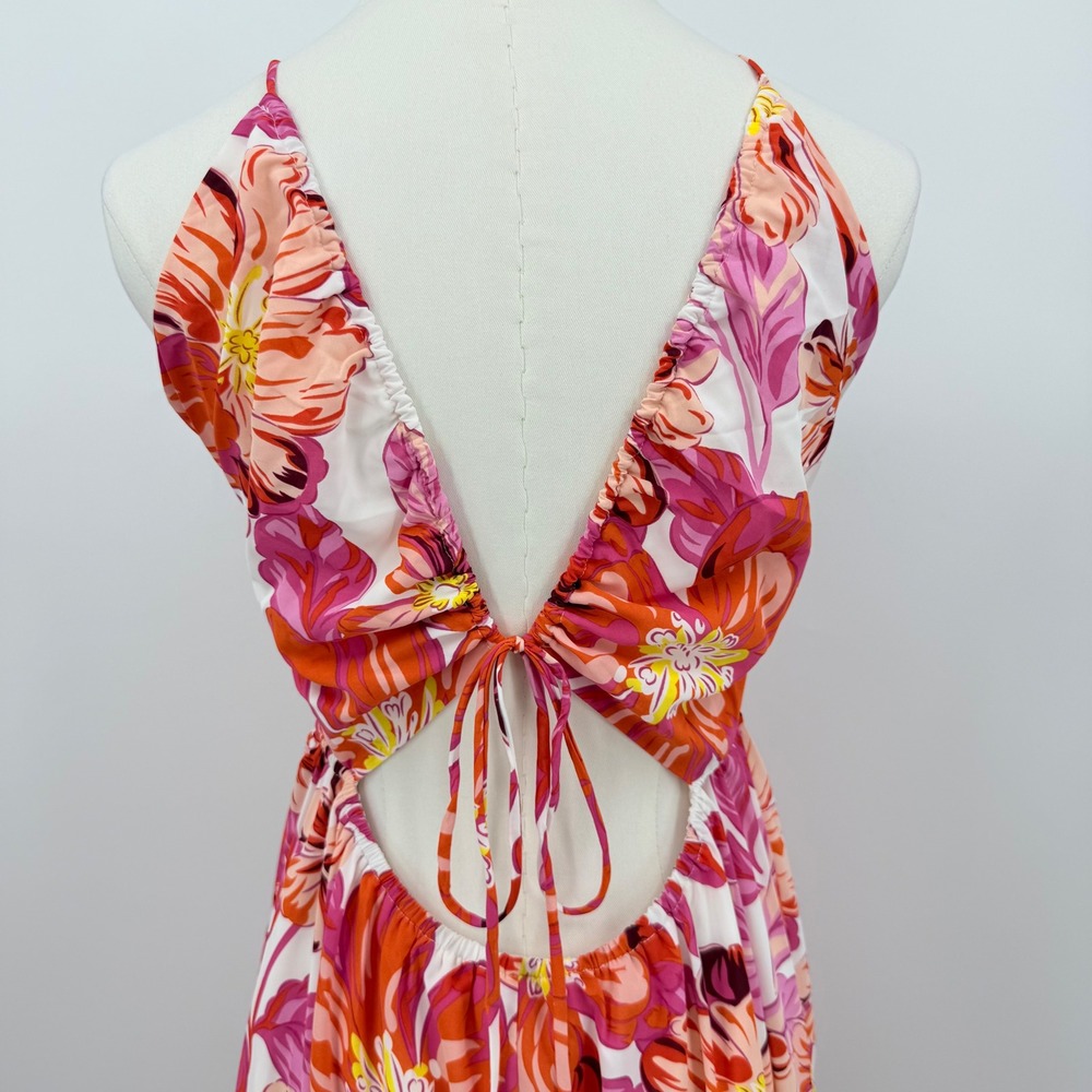Entro Floral Maxi Dress Pink Orange Open Back Tie Tiered Boho Sundress M Resort - Picture 6 of 6